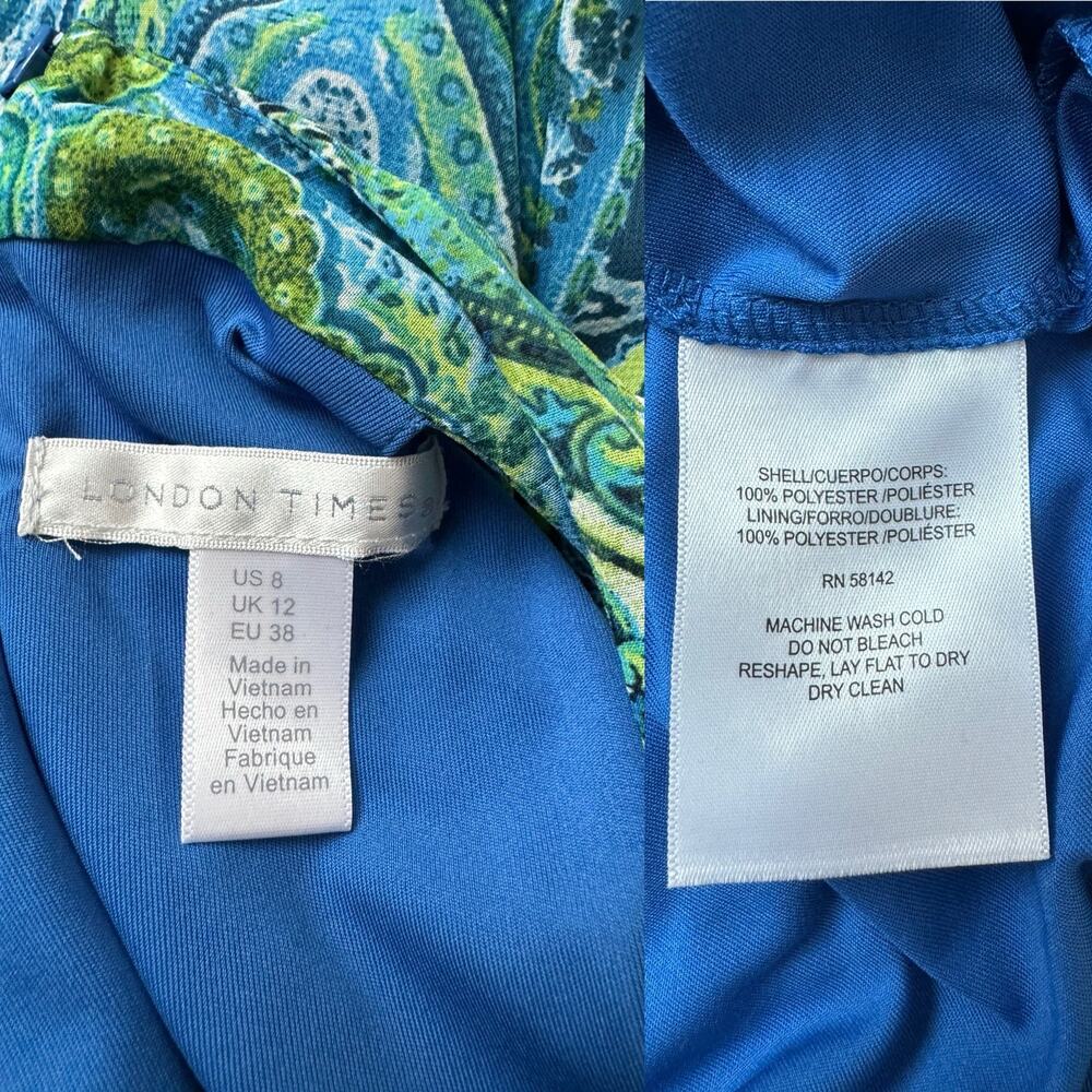 London Times Blue Green Zippered Paisley Print Maxi Dress Women's 8 Medium - Picture 14 of 14